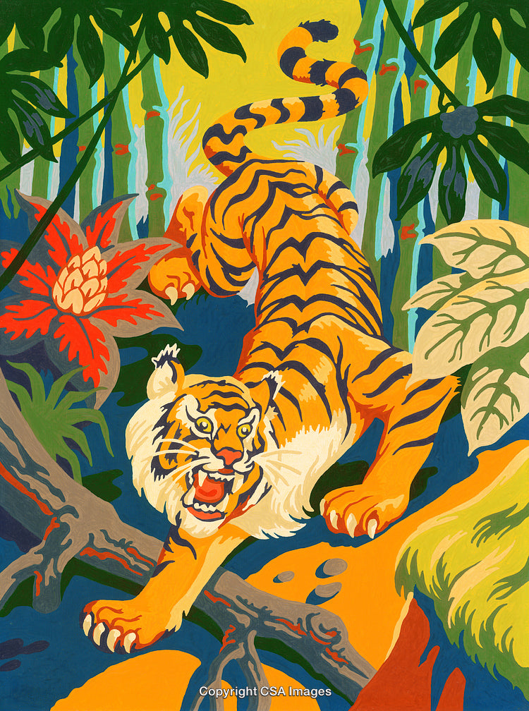 Colorful Artistic Illustration of a Tiger in a Lush Jungle Setting