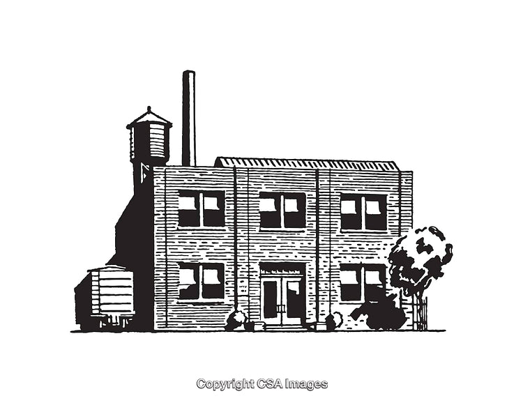 Black and White Line Art Illustration of Retro Industrial Building