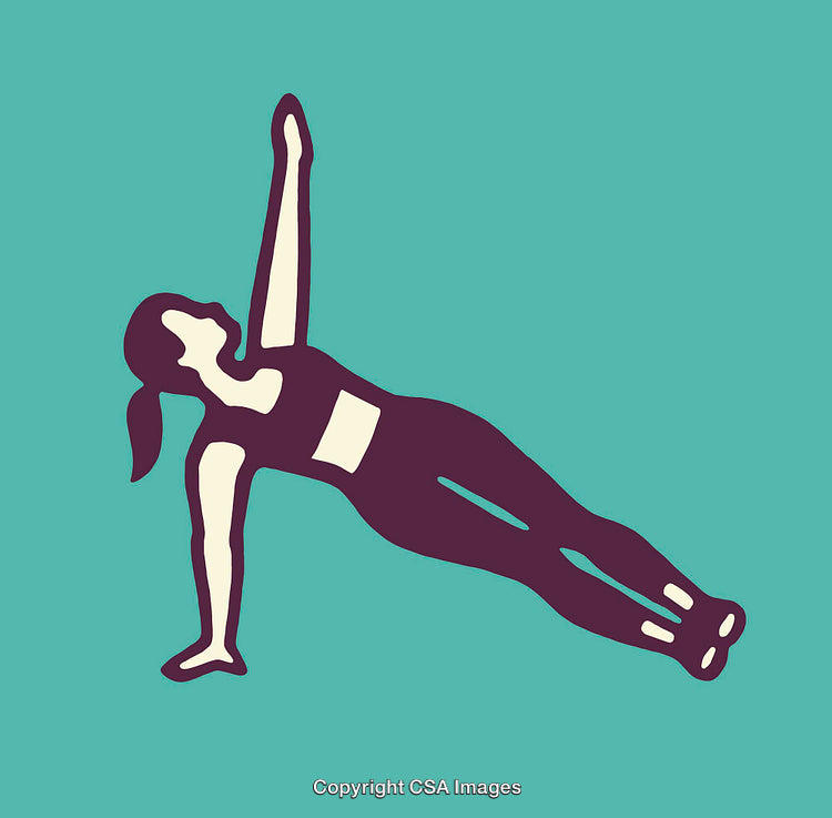 Illustration of a Woman Performing Side Plank Exercise on Teal Background
