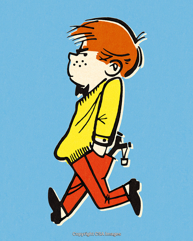 Youthful Cartoon Boy Walking Casually on Blue Background with Red and Yellow Outfit
