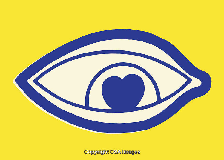 Abstract Line Art Illustration of Eye with Heart Symbol on Yellow Background