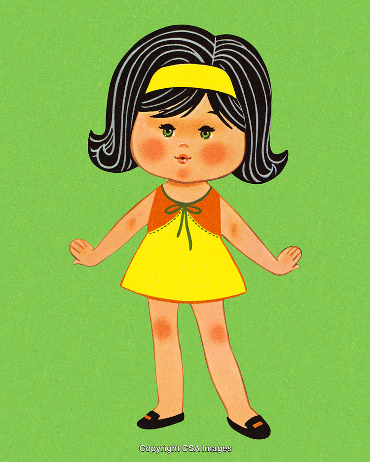 Retro Illustration of a Girl in a Yellow Dress on Green Background