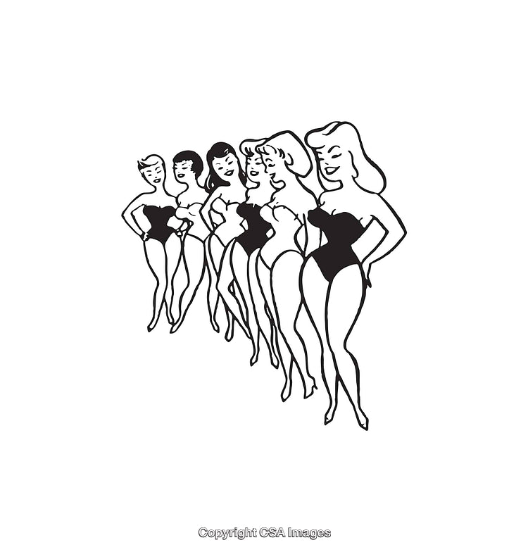 Retro Black and White Line Art of Stylized Women in Bodysuits