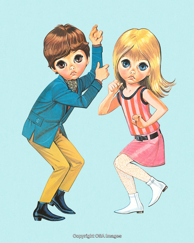 Retro Illustration of Stylized Children Dancing with Expressive Faces
