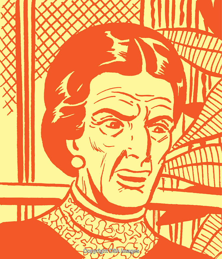 Vintage Illustration of a Serious Woman in Red and Yellow Tones