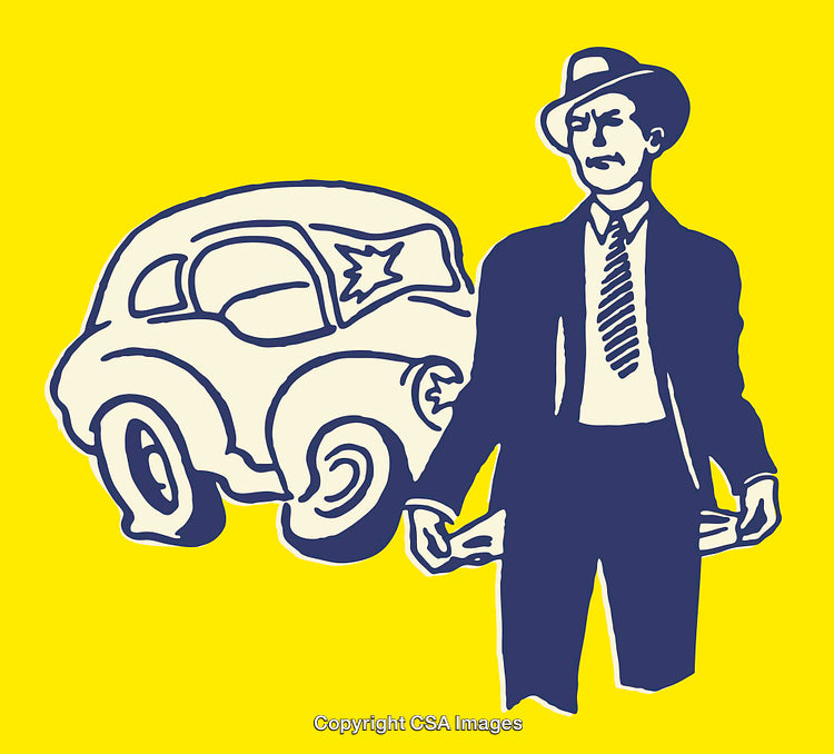 Man Standing by Damaged Car with Empty Pockets on Yellow Backdrop