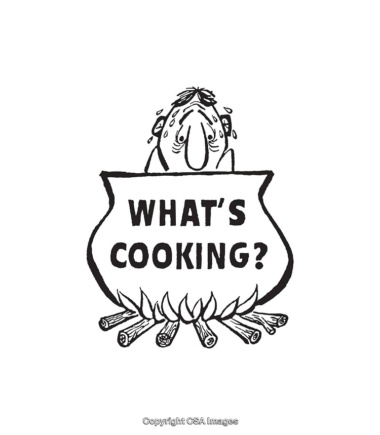 Humorous Black and White Cartoon with Cooking Pot Illustration