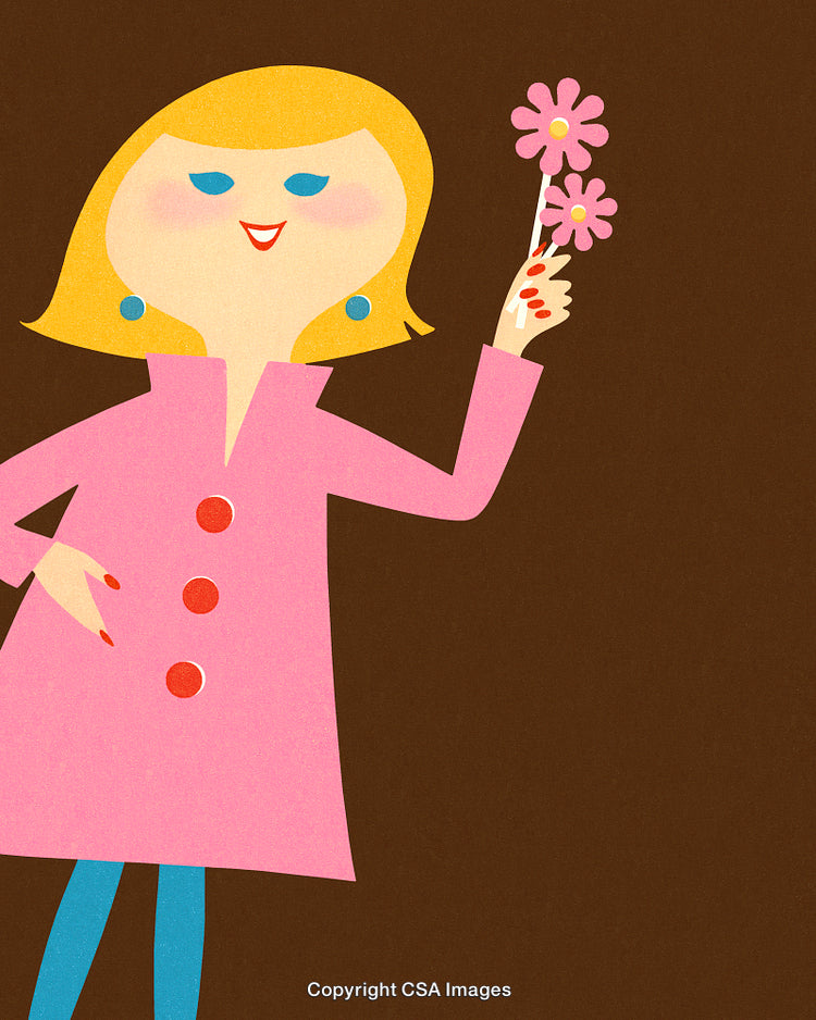 Charming Illustration of Woman Holding Flowers in a Retro Style Design