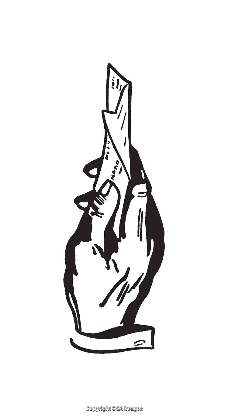 Black and White Line Art of Hand Holding a Folded Paper