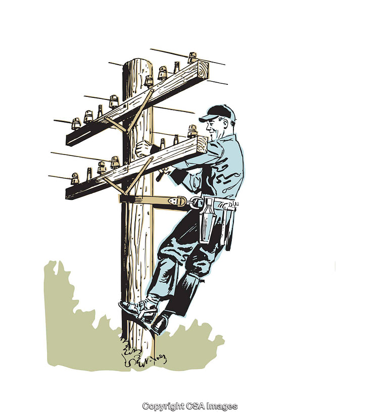 Illustrated Worker Climbing Utility Pole with Safety Harness