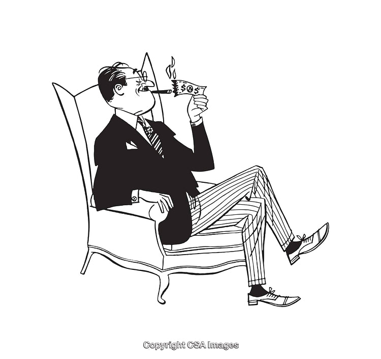 Businessman Holding Money Cigar in Black and White Line Art