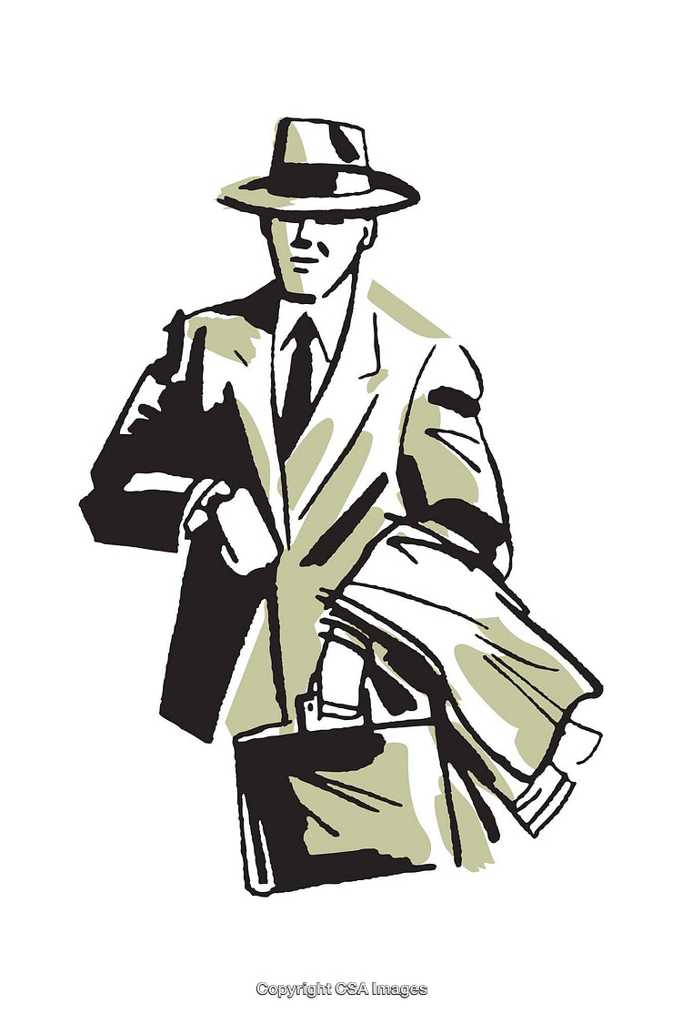 Vintage Illustration of Businessman in Suit and Hat Holding Briefcase