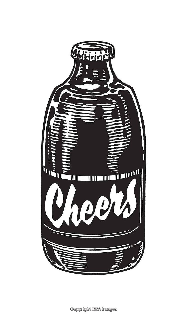 Vintage Black and White Cheers Bottle Line Art Drawing