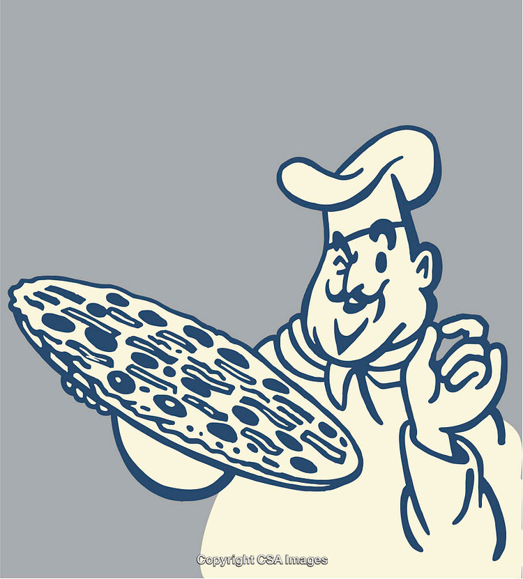 Smiling Chef Holding a Pizza Plate in Retro Line Illustration Style