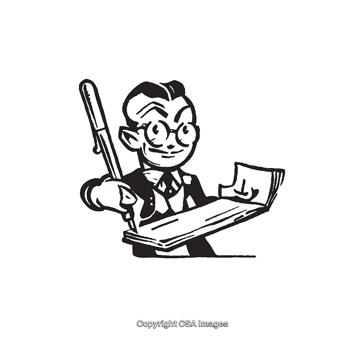 Black and White Illustration of Man Holding Book and Pen