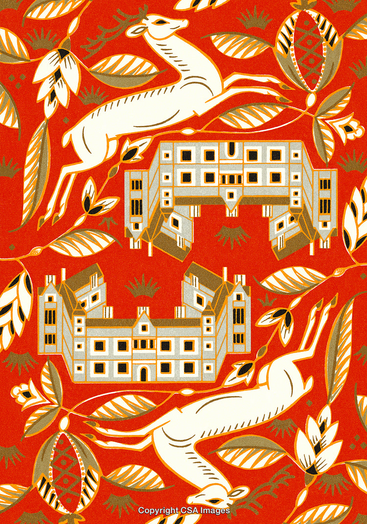 Abstract Deer and Castle Pattern on Bright Red with Symmetrical Design