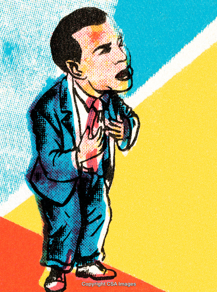 Illustrated Businessman Expressing Emotions on Colorful Abstract Background
