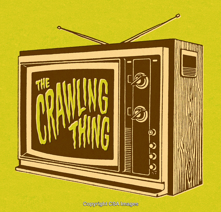 Vintage Television Set Displaying Retro Movie Title Illustration in Bold Style