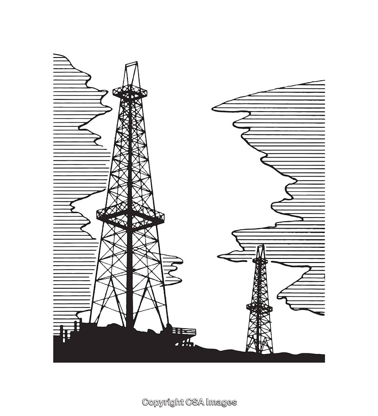 Black and White Illustration of Oil Derricks Against Striped Sky