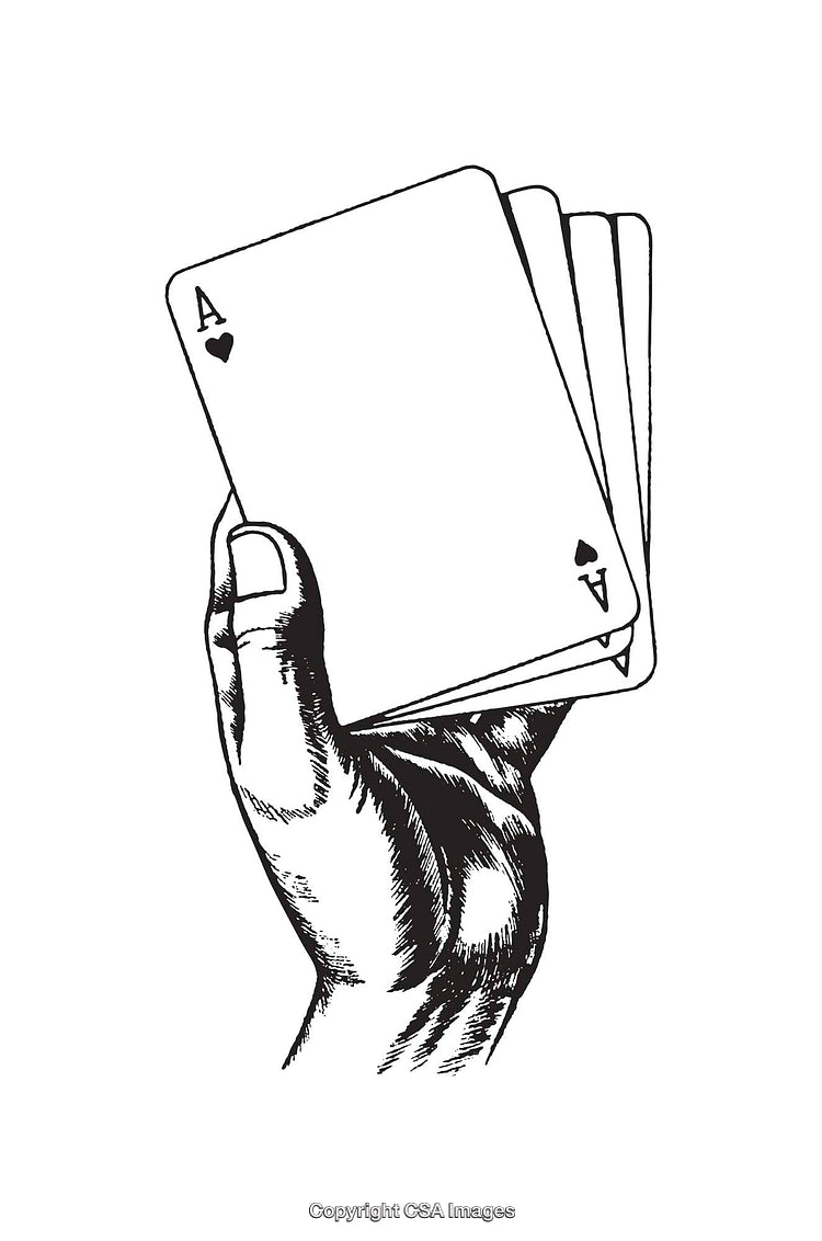 Black and White Line Art of a Hand Holding Playing Cards