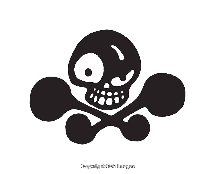 Black and White Illustration of Cartoon-Like Skull and Crossbones Design