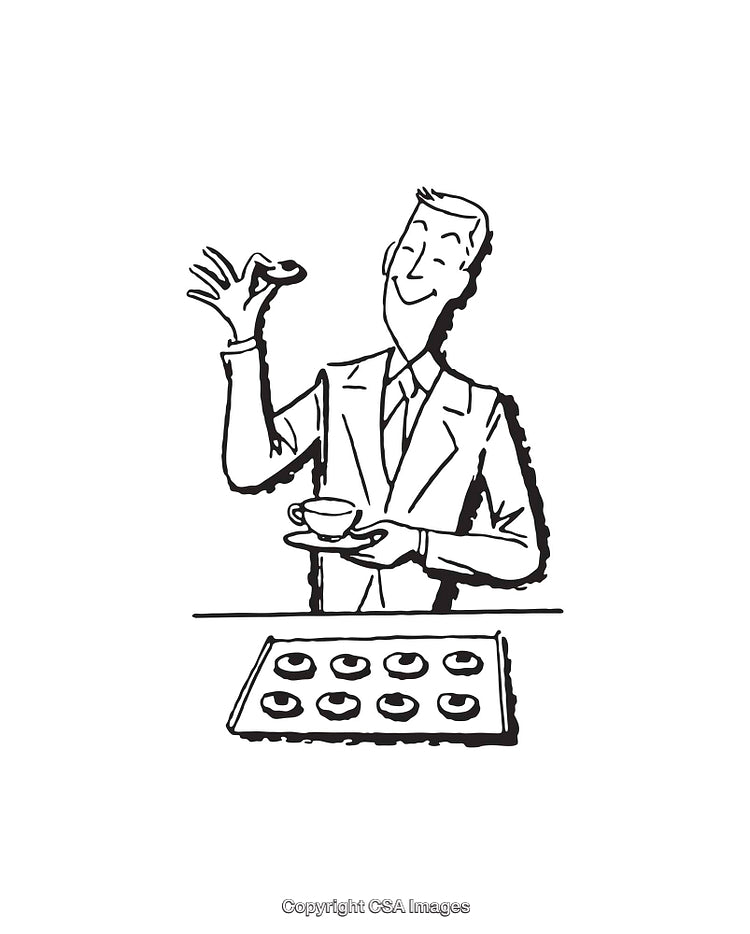 Black and White Illustration of a Man Holding a Cookie and Cup