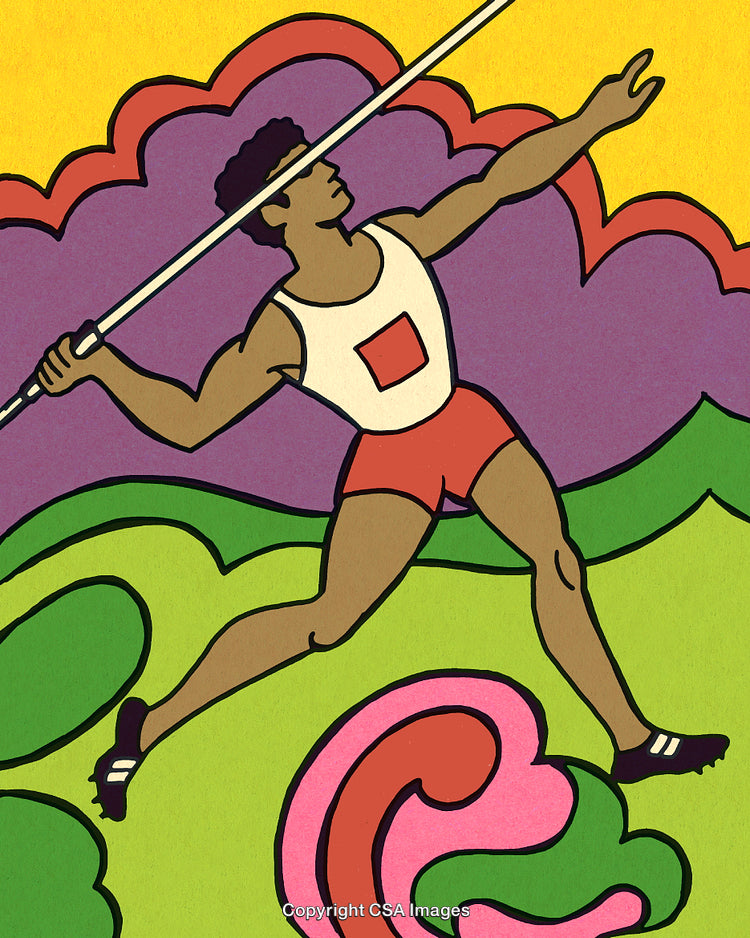 Colorful Illustration of Athlete Throwing a Javelin in Action Posed