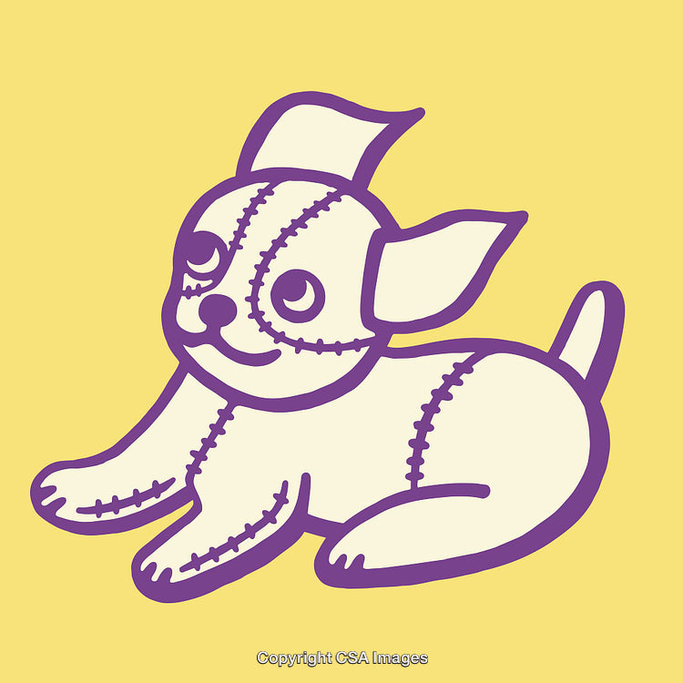 Cute Colorful Illustration of a Patchwork Puppy on Yellow Background