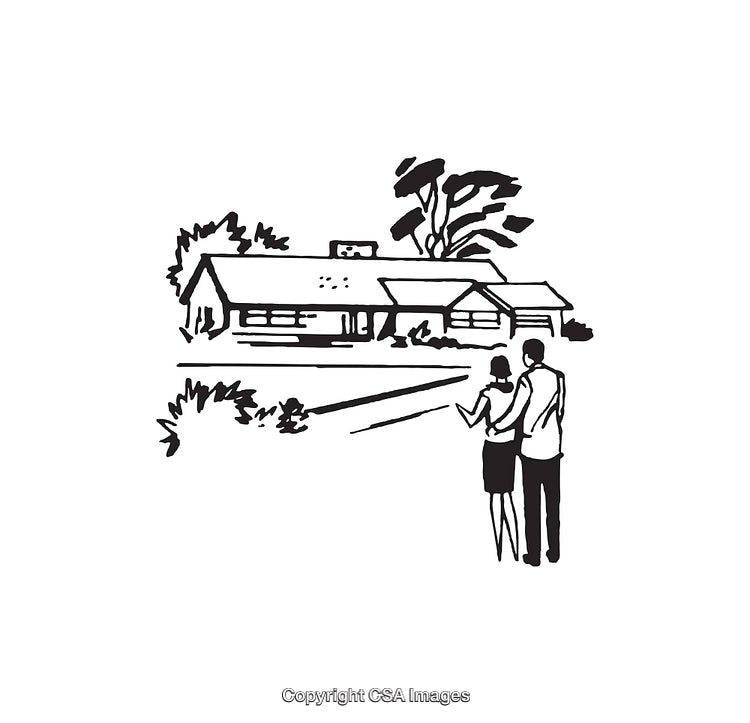 Couple Admiring Bungalow Home in Vintage Line Art Illustration