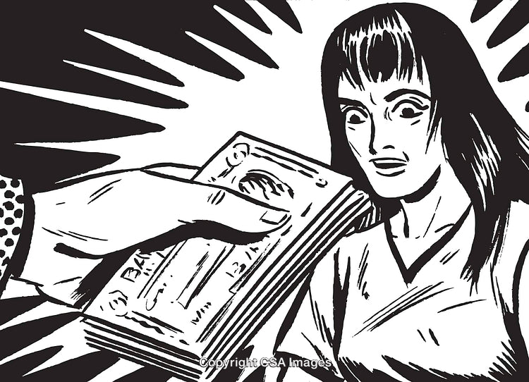 Black and White Illustration of Surprised Woman Receiving Money