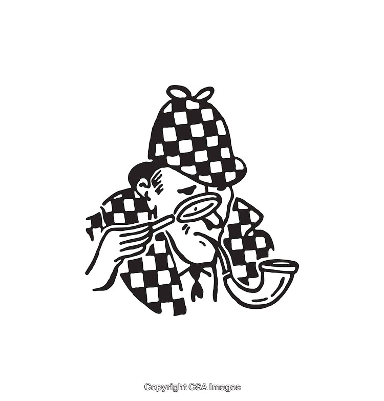 Detective Character Illustration Holding Magnifying Glass and Smoking Pipe