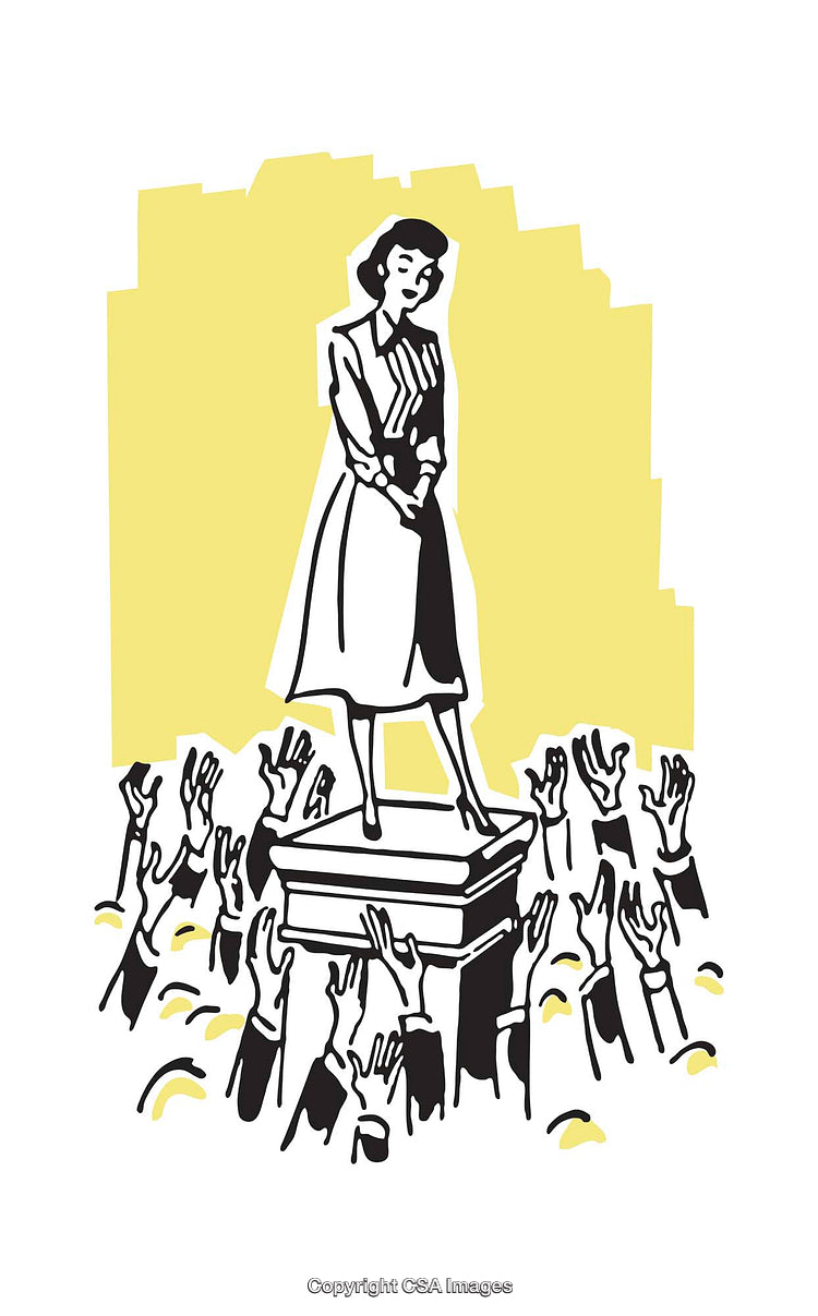 Illustrated Conceptual Image of Woman on Podium With Reaching Hands