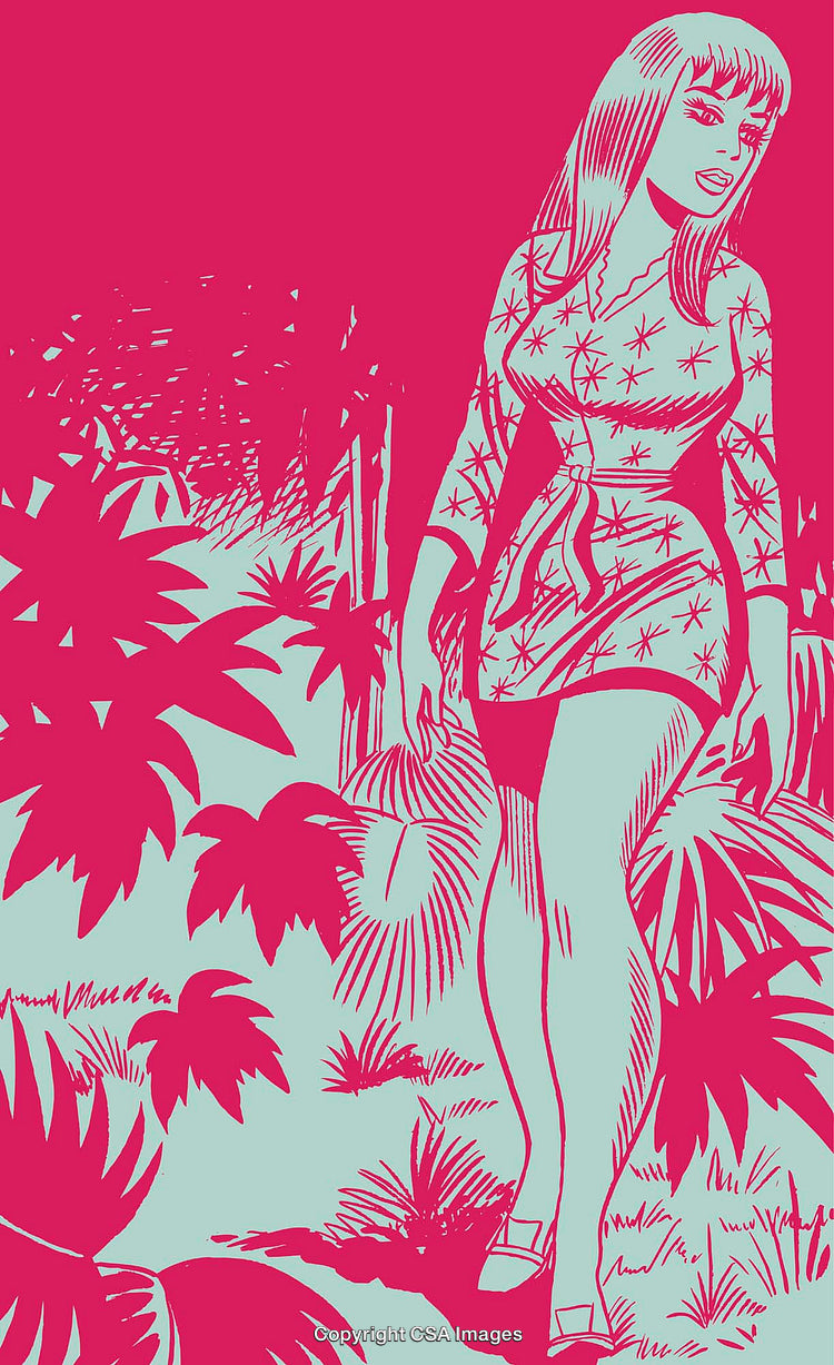 Colorful Pop Art Style Graphic of Woman in Jungle Landscape