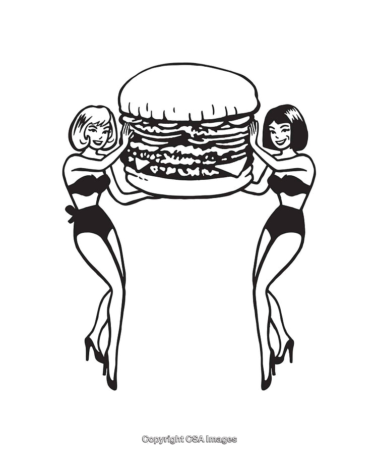 Retro Black and White Line Art Illustration of Women Holding Giant Burger