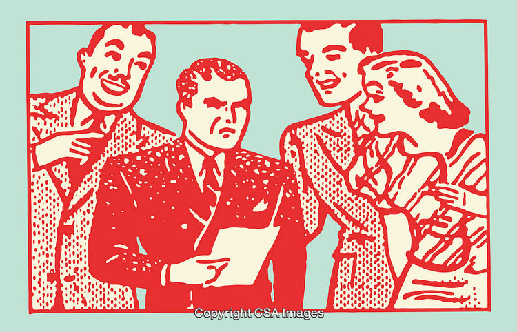 Retro Pop Art Illustration of Group Social Interaction with Paper Document