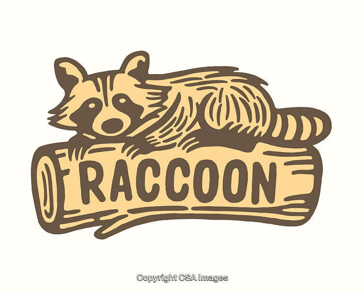 Illustrated Raccoon Resting on a Wooden Log with Brown Text Design