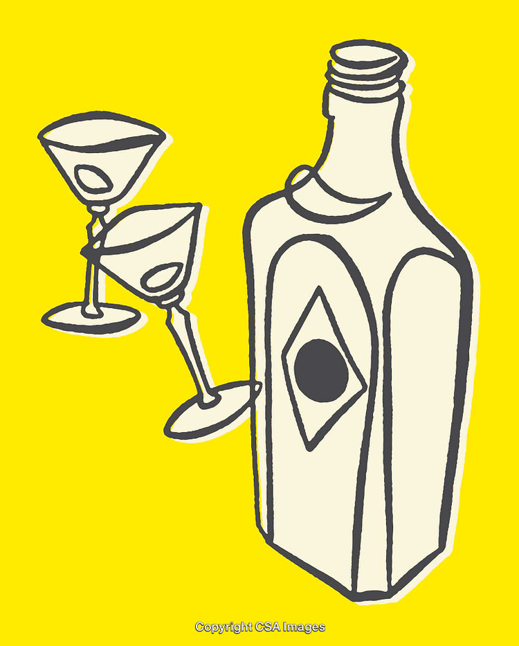 Stylized Bottle and Glasses Illustration on a Bright Yellow Background