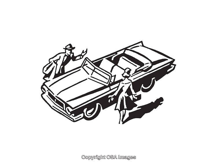Retro Black And White Line Art Illustration Of a Classic Car Scene