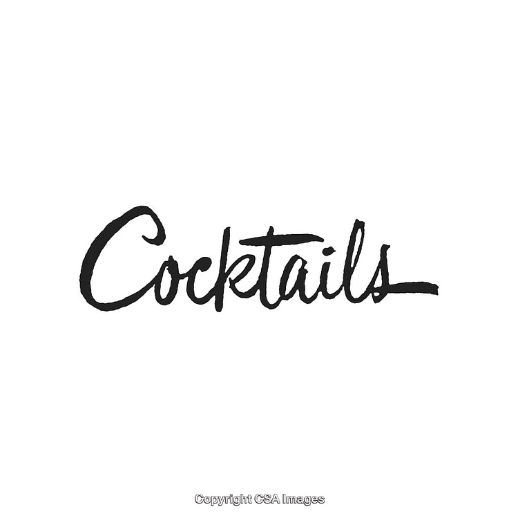 Elegant Black Handwritten Cocktails Text on White Background