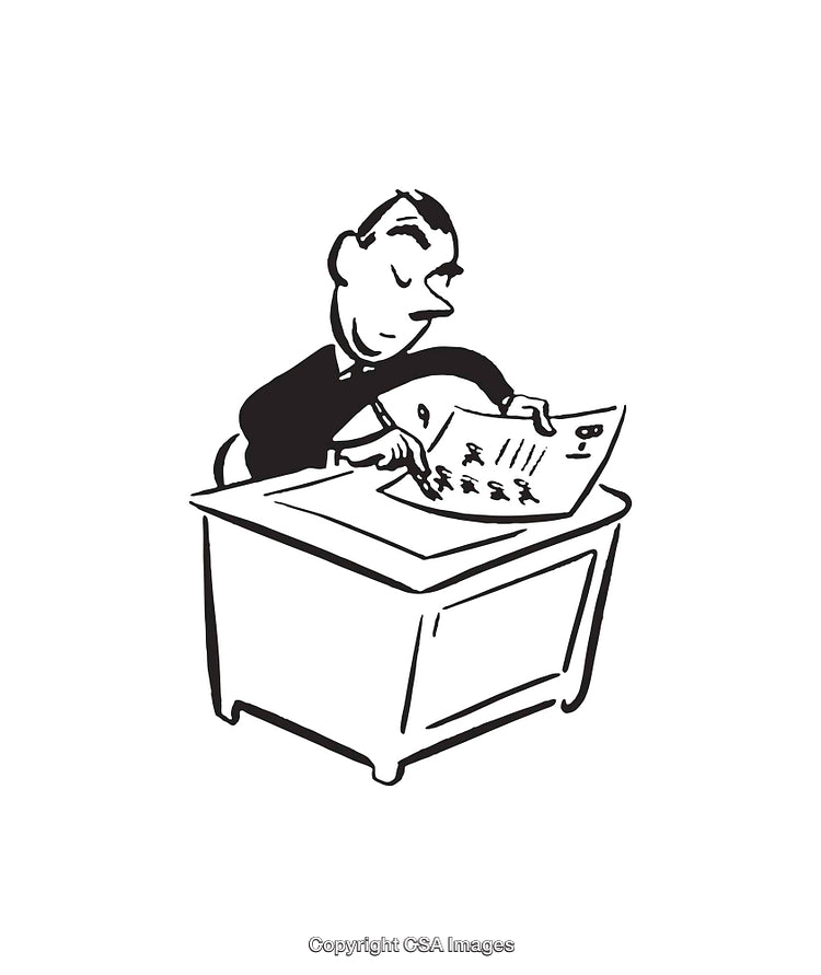 Black And White Illustration of a Man Reading a Document at a Desk
