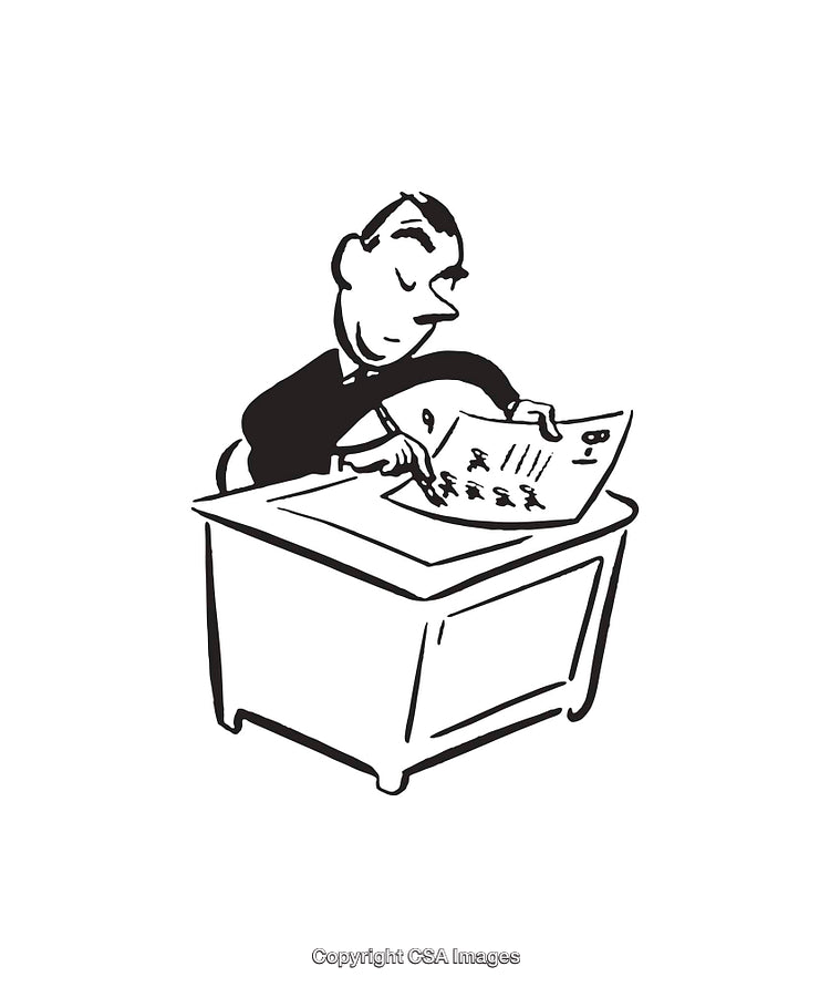 Black And White Illustration of a Man Reading a Document at a Desk