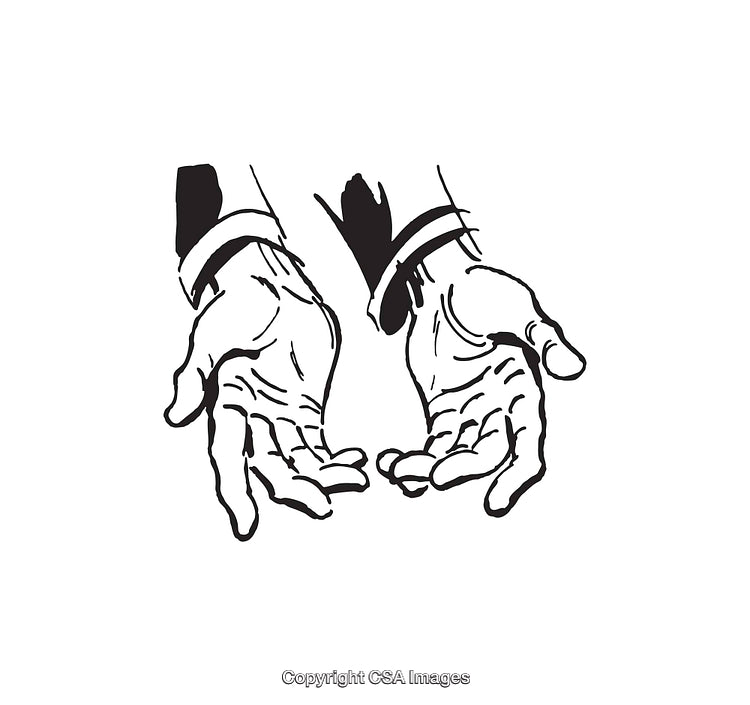 Black and White Line Art Illustration of Open Hands Offering Gesture