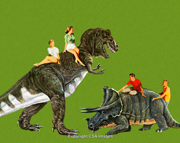 Retro Stylized Dinosaurs and Humans in Creative Surrealistic Artwork