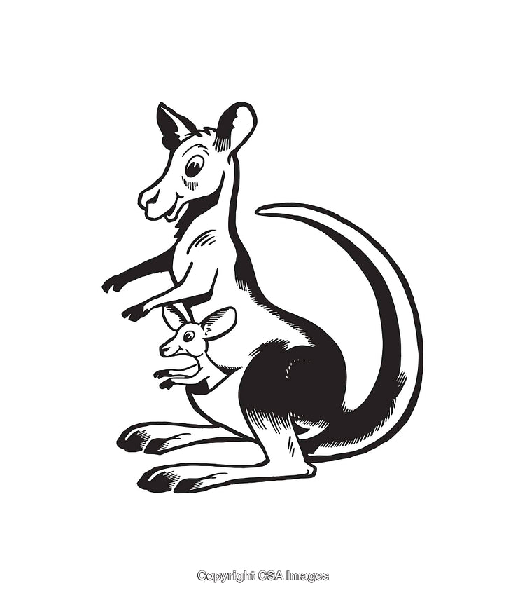 Black and White Cartoon Kangaroo with Joey Line Art Sketch