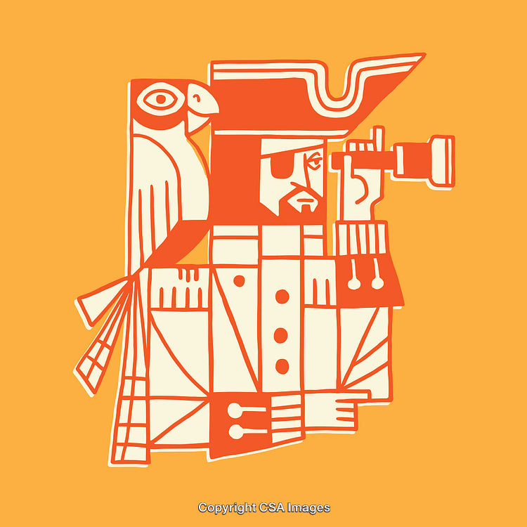 Geometric Pirate Illustration with Telescope and Parrot in Flat Art Style