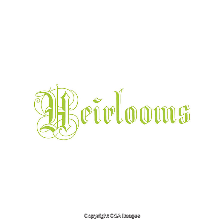 Elegant Green Gothic Script Lettering Spelling Heirlooms on White Background