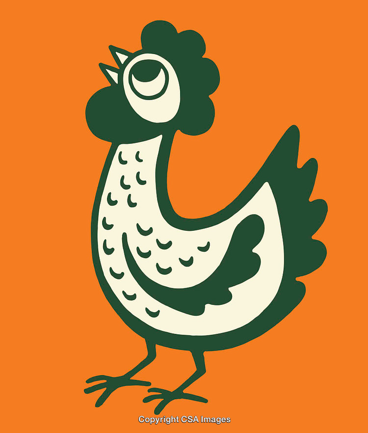 Stylized Illustration of a Chicken on a Vibrant Orange Background