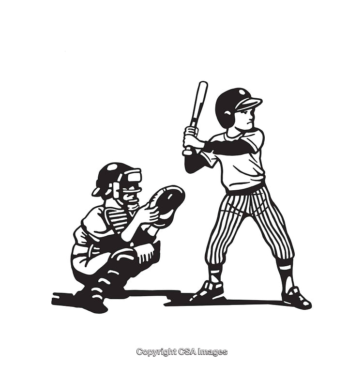 Black and White Line Art Illustration of a Baseball Game Scene