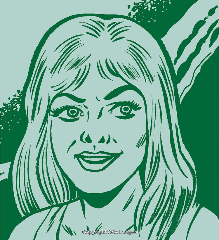 Retro Style Line Drawing Portrait of a Smiling Woman in Nature