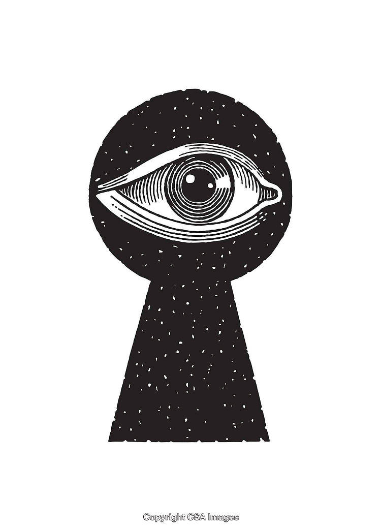 Eye Within A Keyhole Illustration in Black and White Line Art